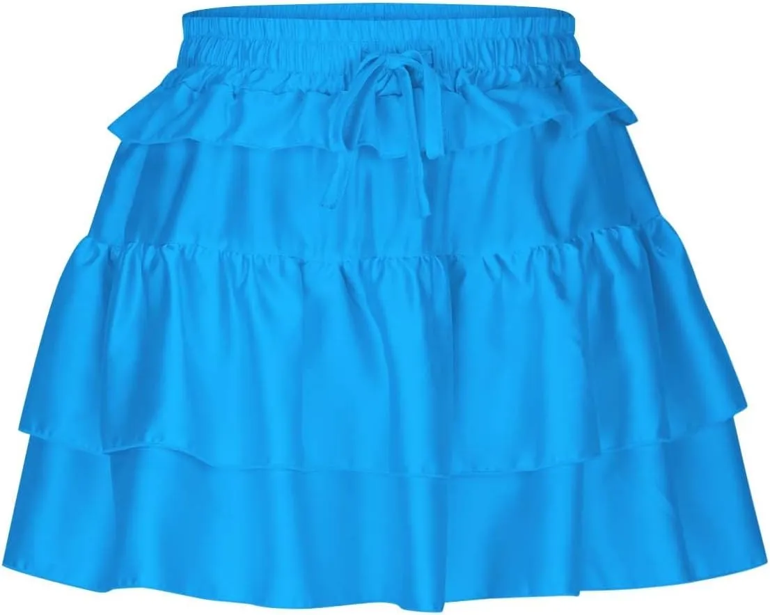 Women's Trendy Solid Flared Hem Pleated Layered Sexy Short Skirt Casual Elastic High Waist Lace Up A-line Mini Skirts