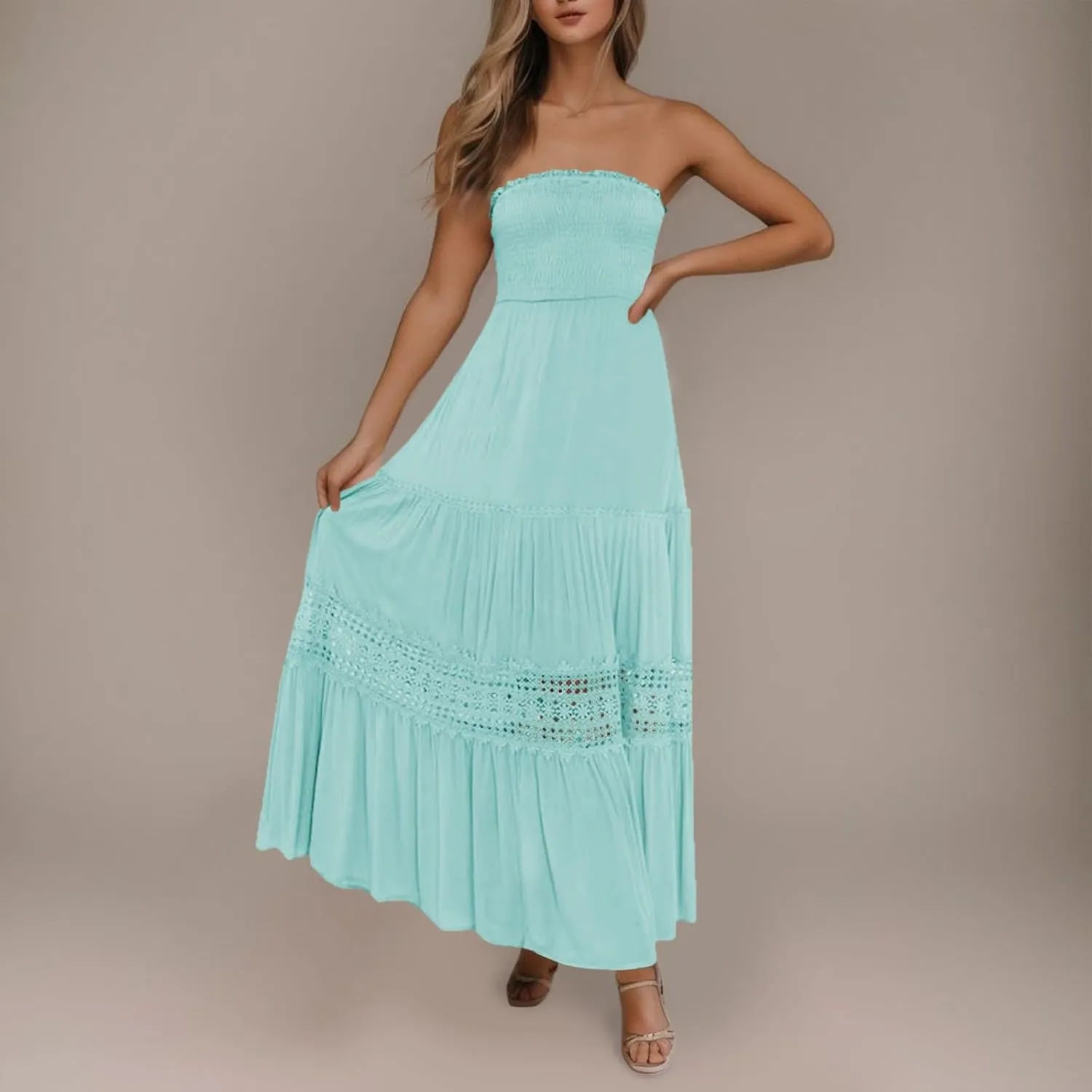 Womens Tube Top Maxi Dress Summer Boho Strapless Casual Flowy Beach Long Sundresses Hollow Ruffle Sexy Smocked Dresses