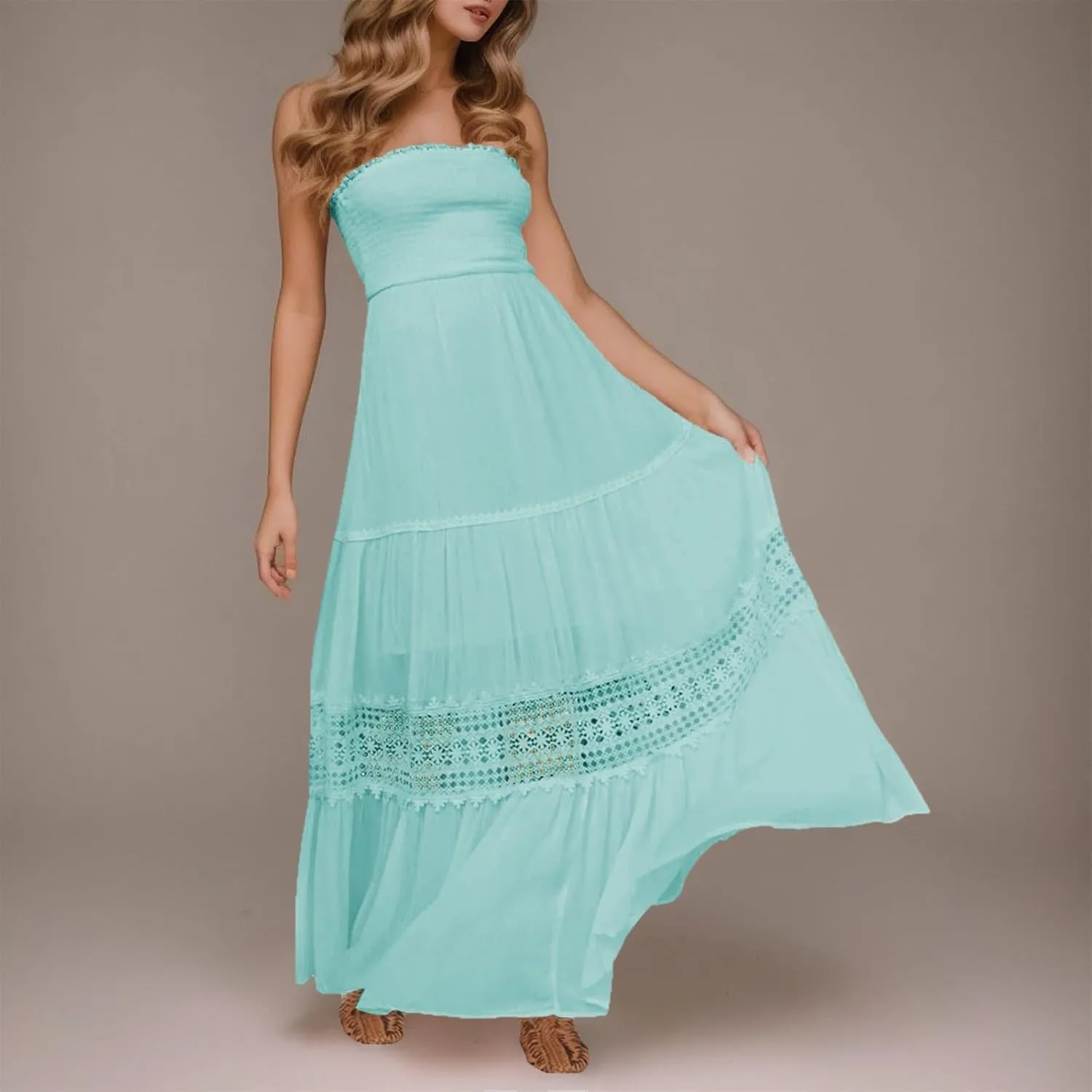 Womens Tube Top Maxi Dress Summer Boho Strapless Casual Flowy Beach Long Sundresses Hollow Ruffle Sexy Smocked Dresses