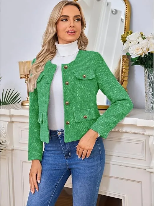 Women's Tweed Blazers Jackets Casual Long Sleeve Button Down Business Short Casual Cropped Coats