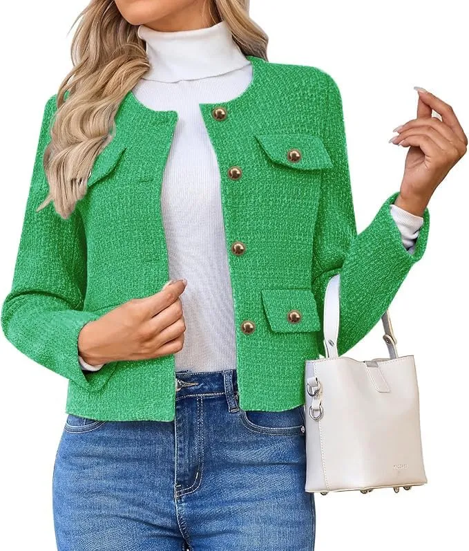 Women's Tweed Blazers Jackets Casual Long Sleeve Button Down Business Short Casual Cropped Coats