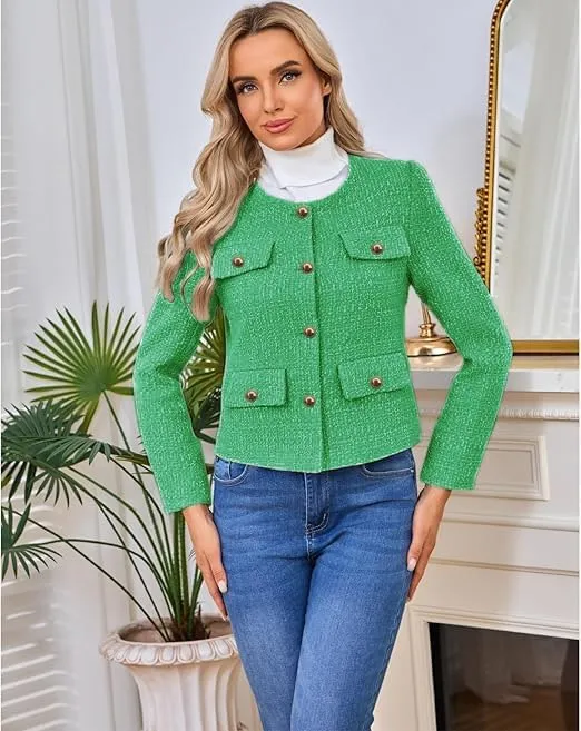 Women's Tweed Blazers Jackets Casual Long Sleeve Button Down Business Short Casual Cropped Coats