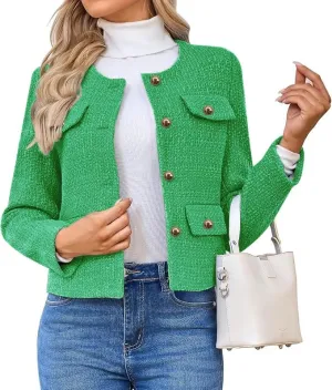Women's Tweed Blazers Jackets Casual Long Sleeve Button Down Business Short Casual Cropped Coats