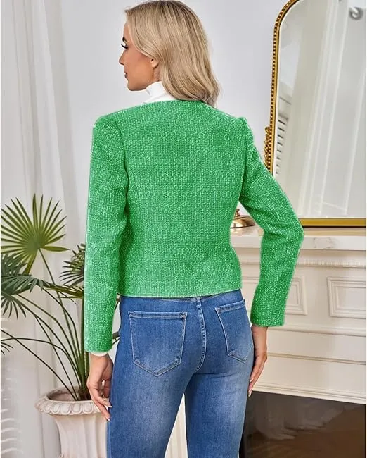 Women's Tweed Blazers Jackets Casual Long Sleeve Button Down Business Short Casual Cropped Coats