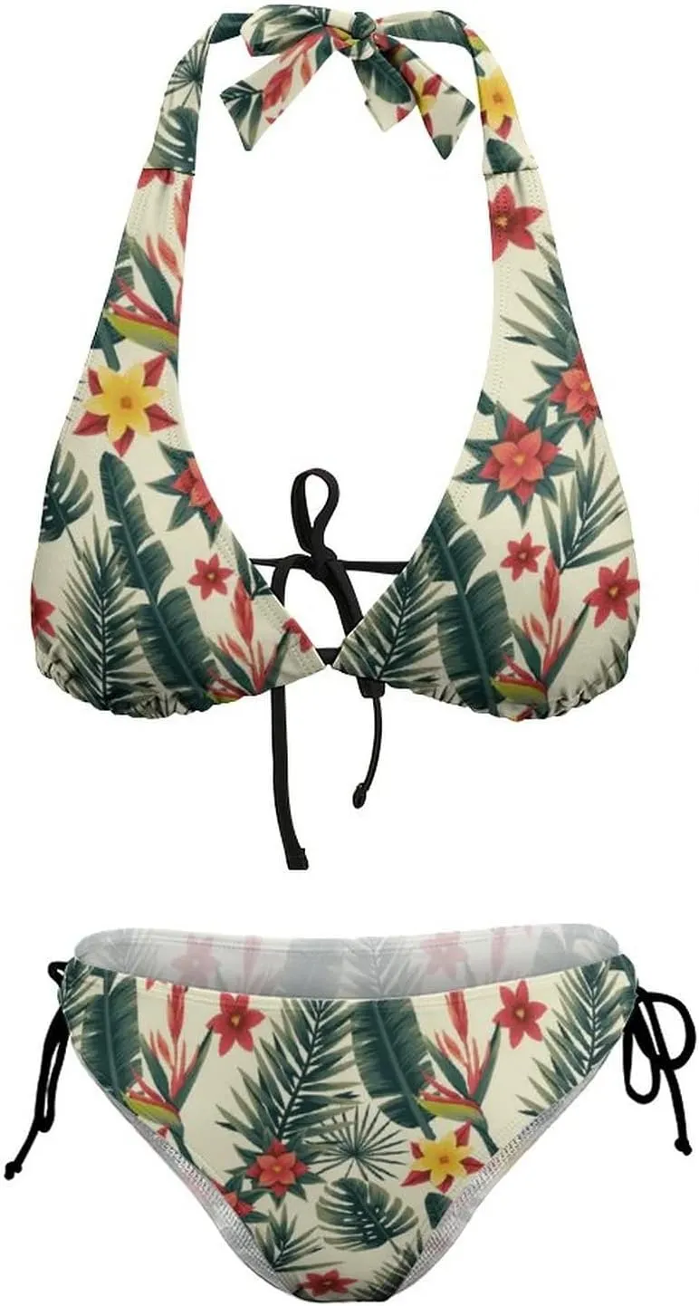 Women's Two Piece Tropical Bikini Tie Side Bottom Padded Top Bathing Suit