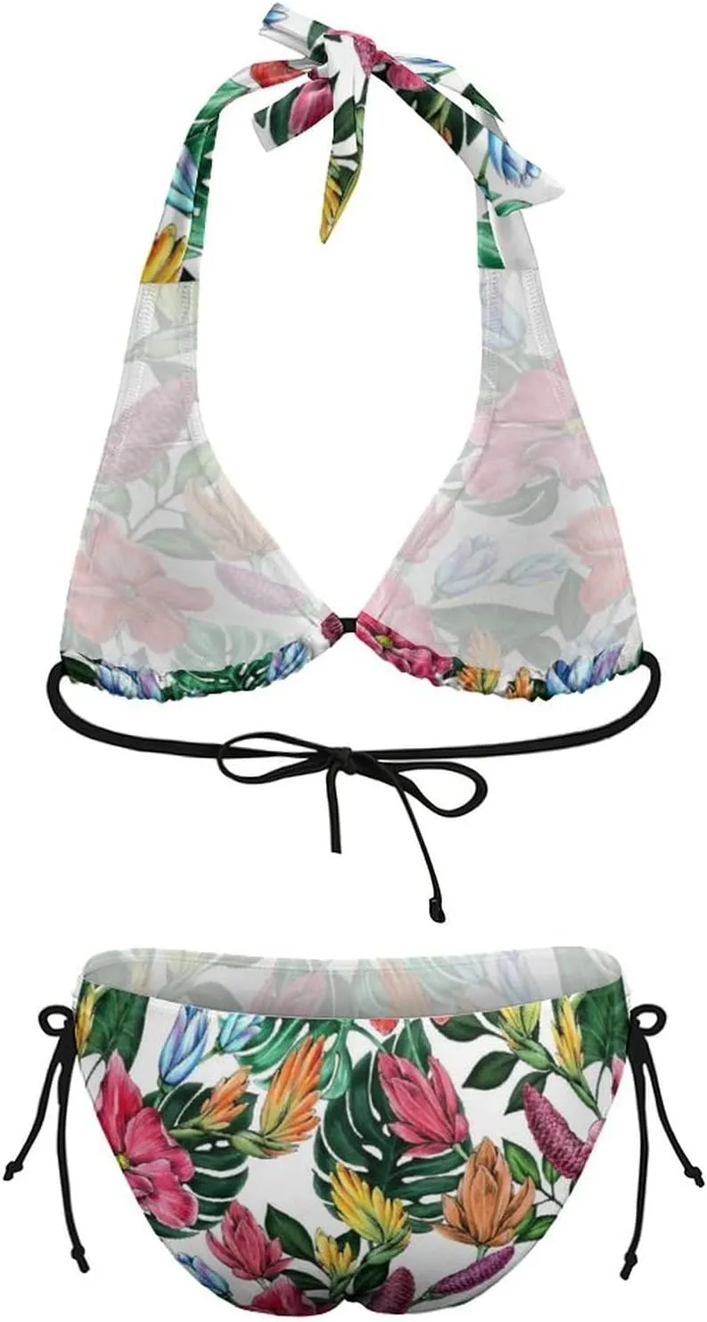 Women's Two Piece Tropical Bikini Tie Side Bottom Padded Top Bathing Suit
