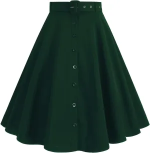 Women's Vintage Pleated High Waist Skirt Cocktail Party A-Line Waist Tie Solid Color Button Down Swing Midi Skirts