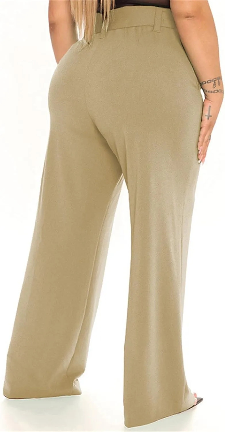 Women's Wide Leg Pants with Pockets High Waist Adjustable Knot Loose Casual Trousers Business Work Comfy Soft Pants