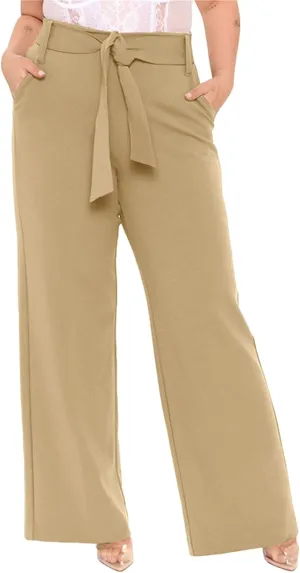 Women's Wide Leg Pants with Pockets High Waist Adjustable Knot Loose Casual Trousers Business Work Comfy Soft Pants