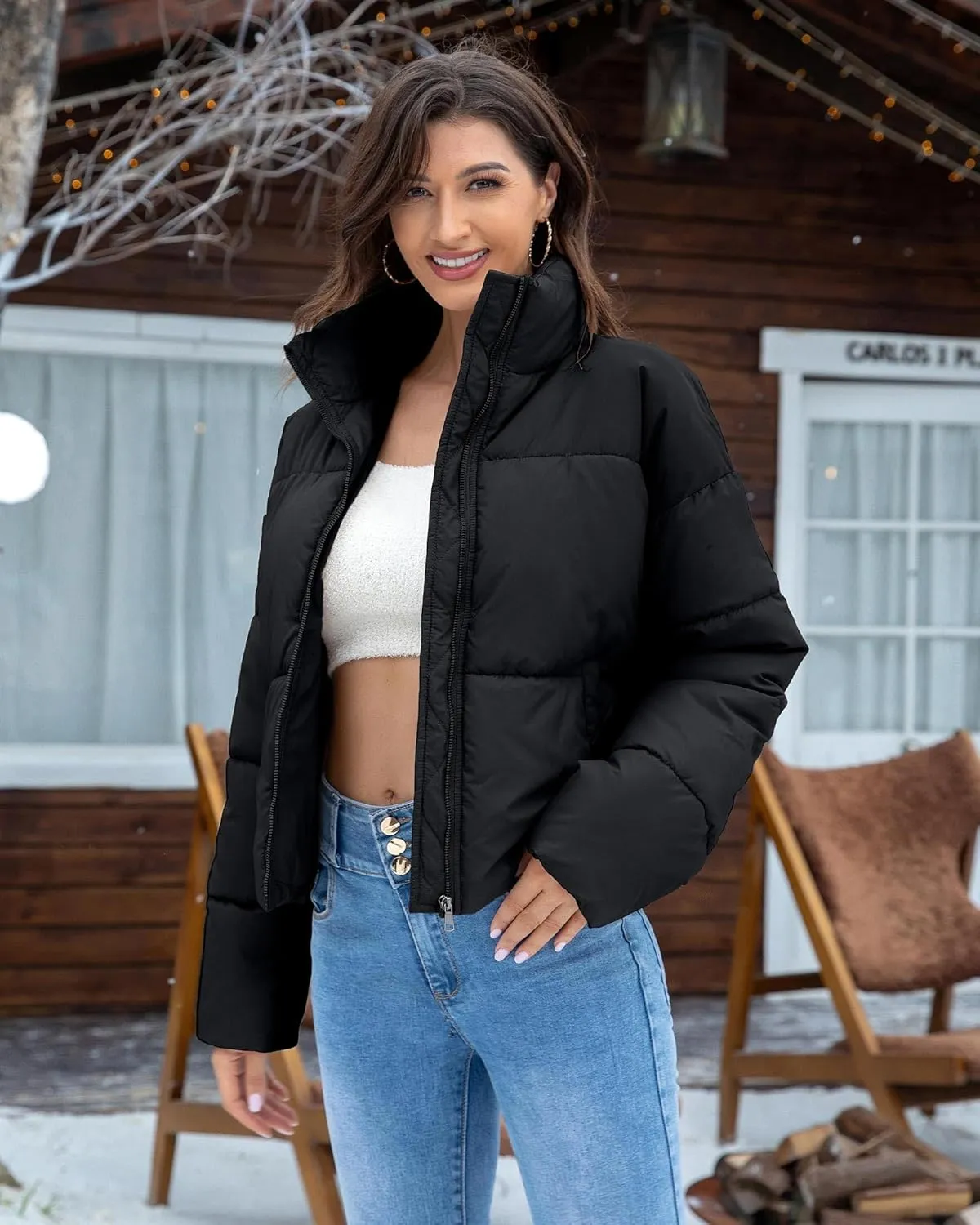Women's Winter Quilted Jackets Casual Long Sleeve Puffer Coat Padded Outwear Fall Fashion 2024 with Pockets