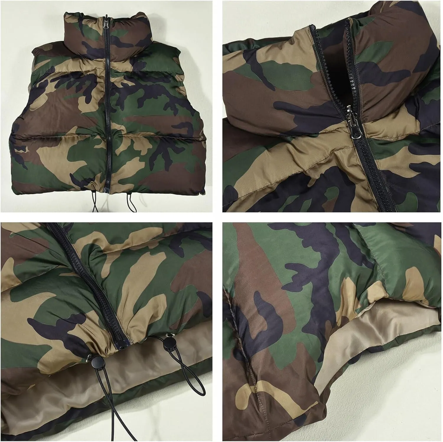Womens Winter Quilted Vest Camouflage Sleeveless Heated Jacket Outerwear Trendy Drawstring Zip Stand Collar Warm Coat
