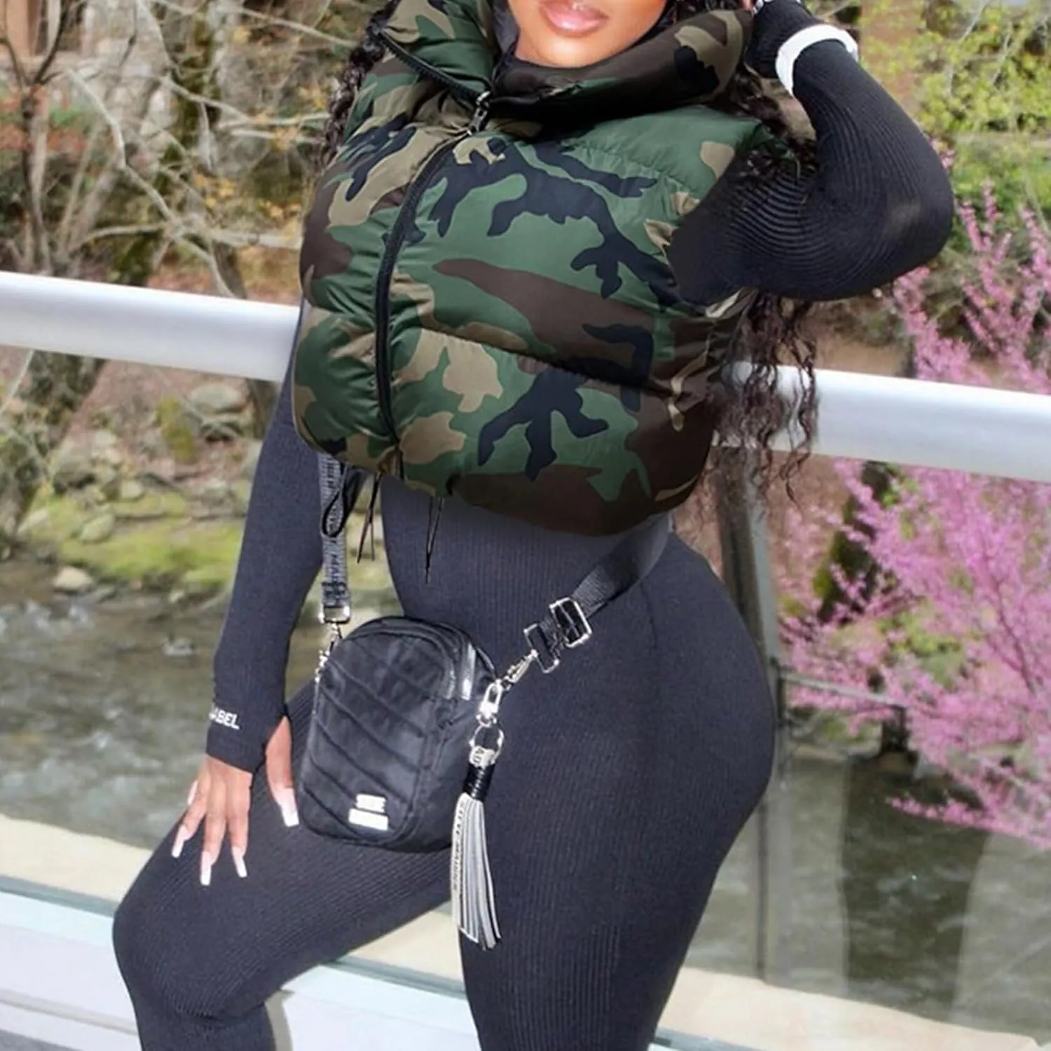 Womens Winter Quilted Vest Camouflage Sleeveless Heated Jacket Outerwear Trendy Drawstring Zip Stand Collar Warm Coat