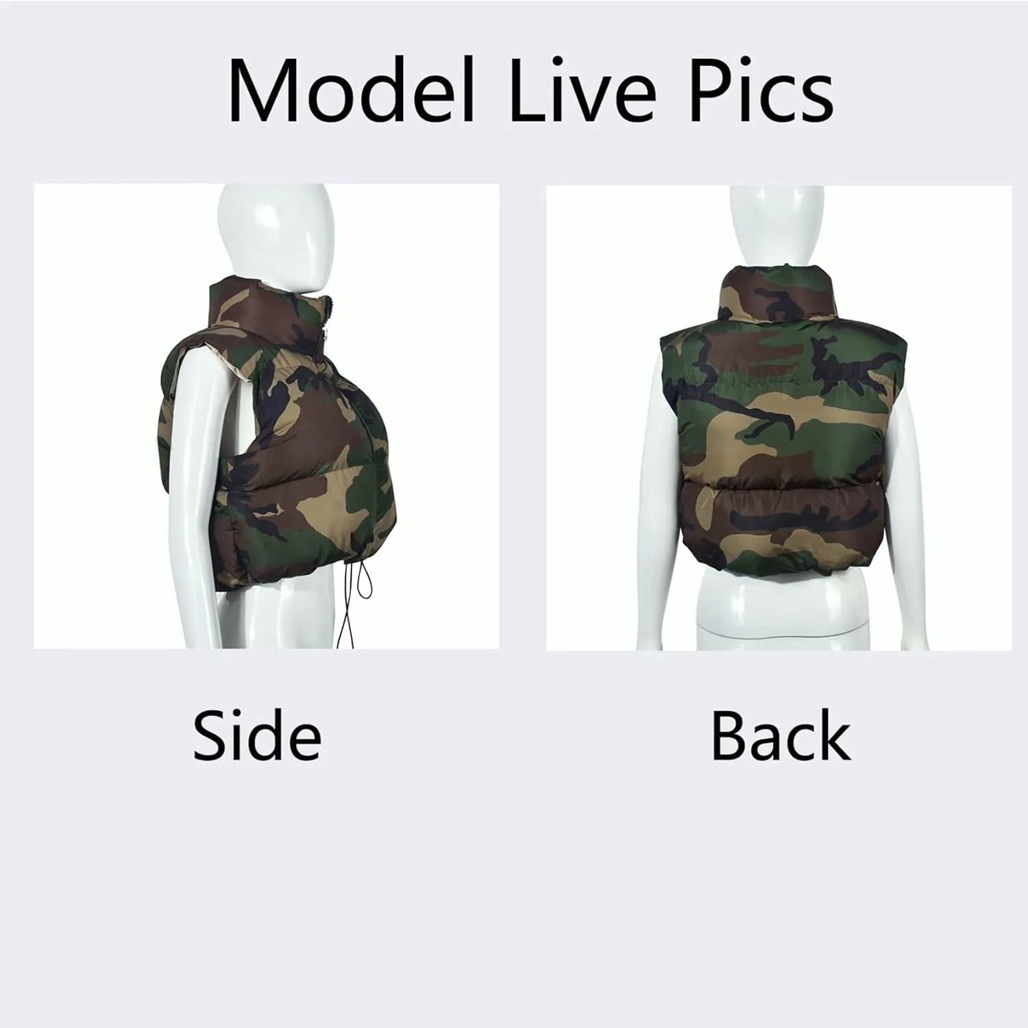 Womens Winter Quilted Vest Camouflage Sleeveless Heated Jacket Outerwear Trendy Drawstring Zip Stand Collar Warm Coat