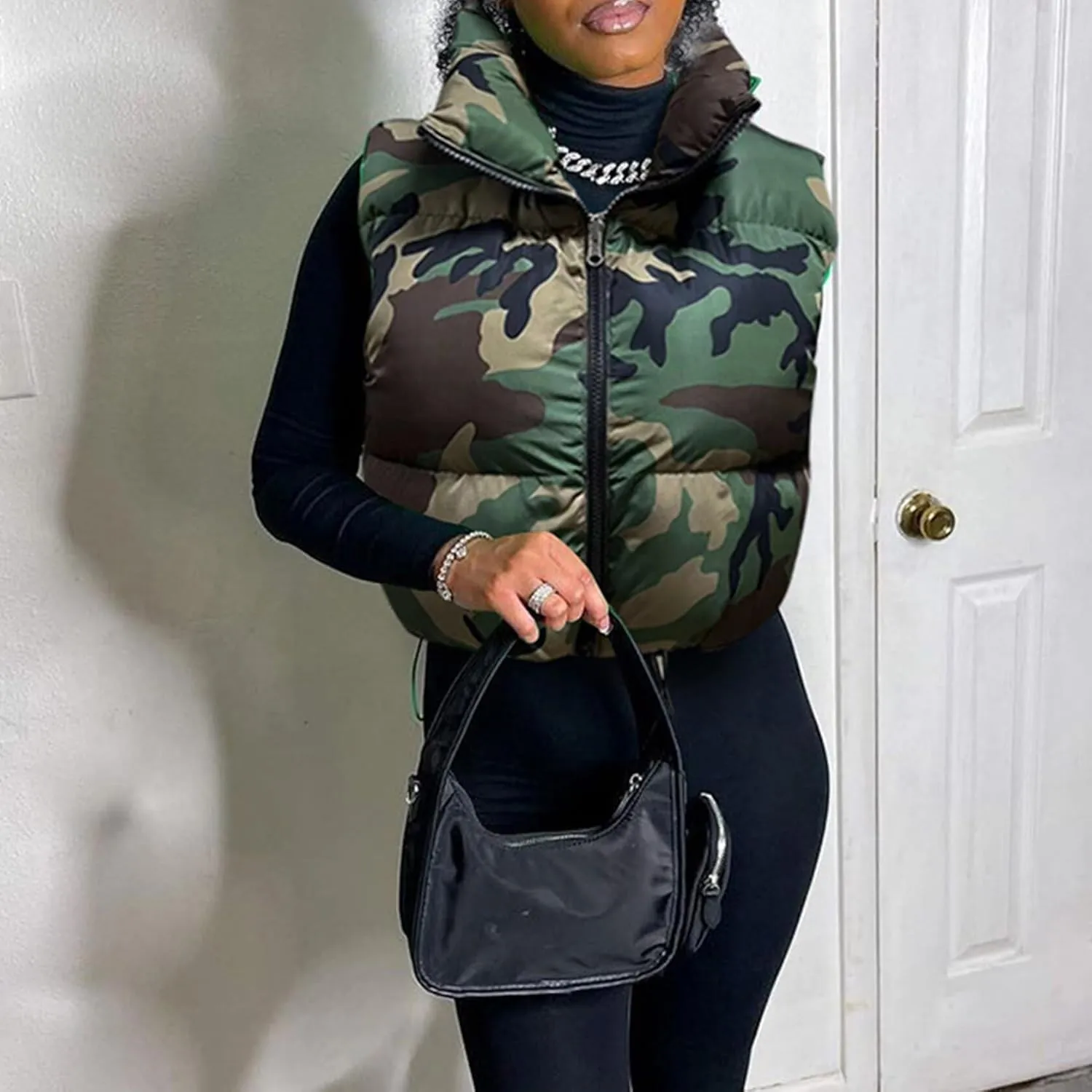 Womens Winter Quilted Vest Camouflage Sleeveless Heated Jacket Outerwear Trendy Drawstring Zip Stand Collar Warm Coat
