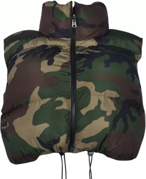 Womens Winter Quilted Vest Camouflage Sleeveless Heated Jacket Outerwear Trendy Drawstring Zip Stand Collar Warm Coat