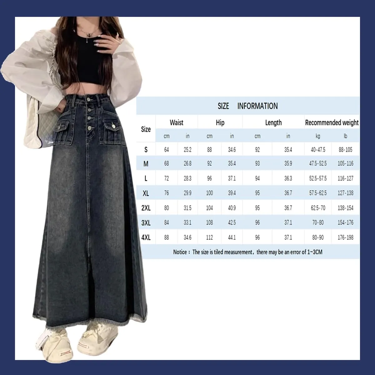 Women's Workwear Denim Skirt Retro high Waisted Fringed A-line Denim Skirt Women's Plus Size Denim Long Skirt
