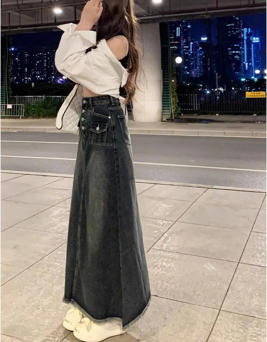 Women's Workwear Denim Skirt Retro high Waisted Fringed A-line Denim Skirt Women's Plus Size Denim Long Skirt