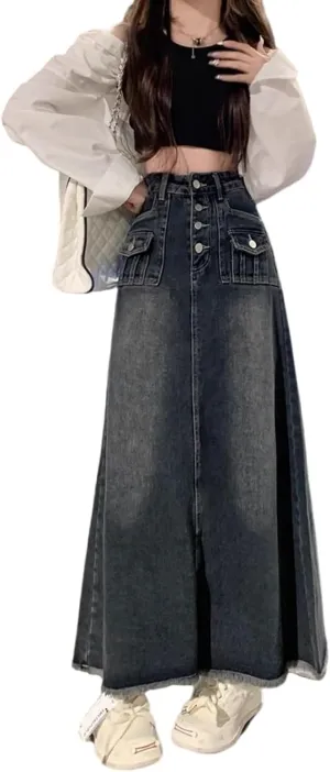 Women's Workwear Denim Skirt Retro high Waisted Fringed A-line Denim Skirt Women's Plus Size Denim Long Skirt