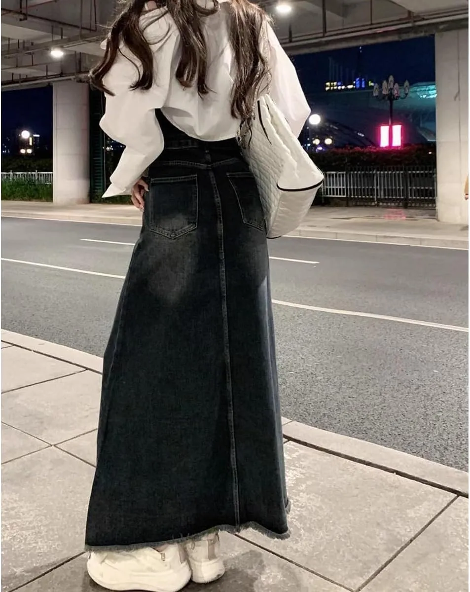 Women's Workwear Denim Skirt Retro high Waisted Fringed A-line Denim Skirt Women's Plus Size Denim Long Skirt