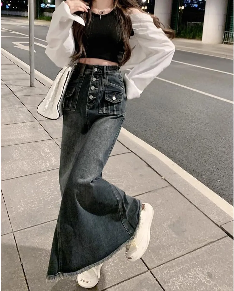 Women's Workwear Denim Skirt Retro high Waisted Fringed A-line Denim Skirt Women's Plus Size Denim Long Skirt
