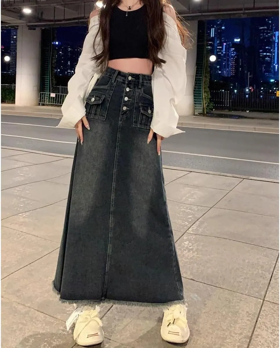 Women's Workwear Denim Skirt Retro high Waisted Fringed A-line Denim Skirt Women's Plus Size Denim Long Skirt