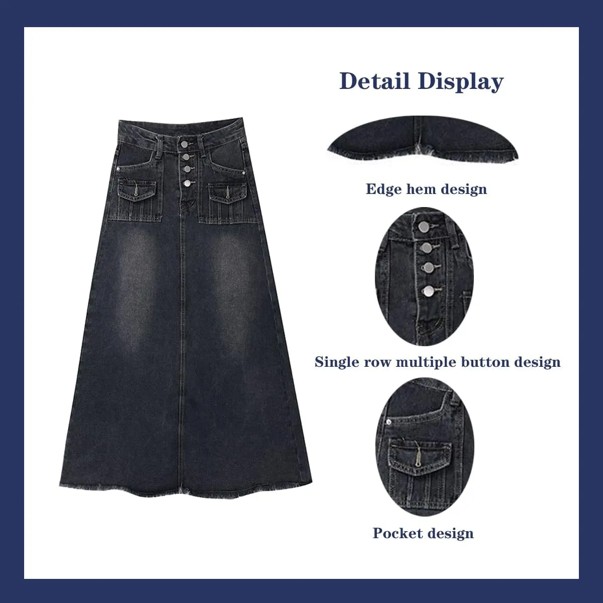 Women's Workwear Denim Skirt Retro high Waisted Fringed A-line Denim Skirt Women's Plus Size Denim Long Skirt
