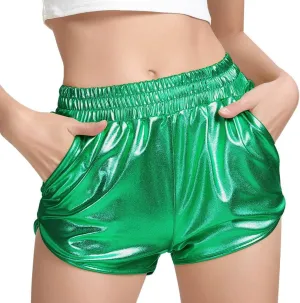 Women's Yoga Hot Shorts Elastic Waist Shiny Metallic Short Pants