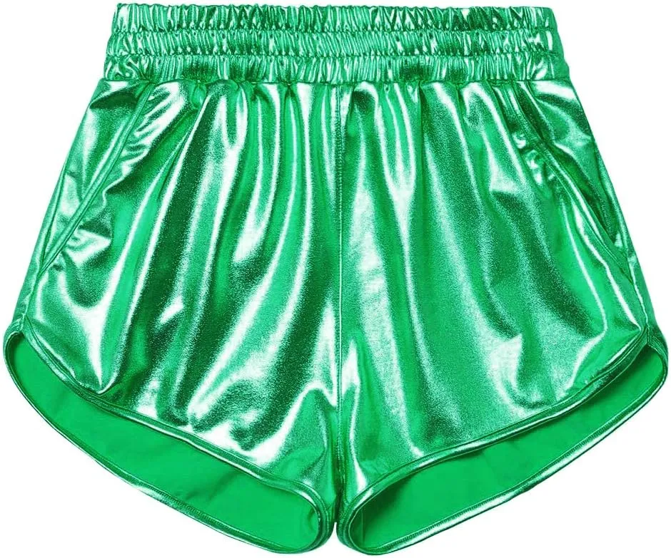 Women's Yoga Hot Shorts Elastic Waist Shiny Metallic Short Pants