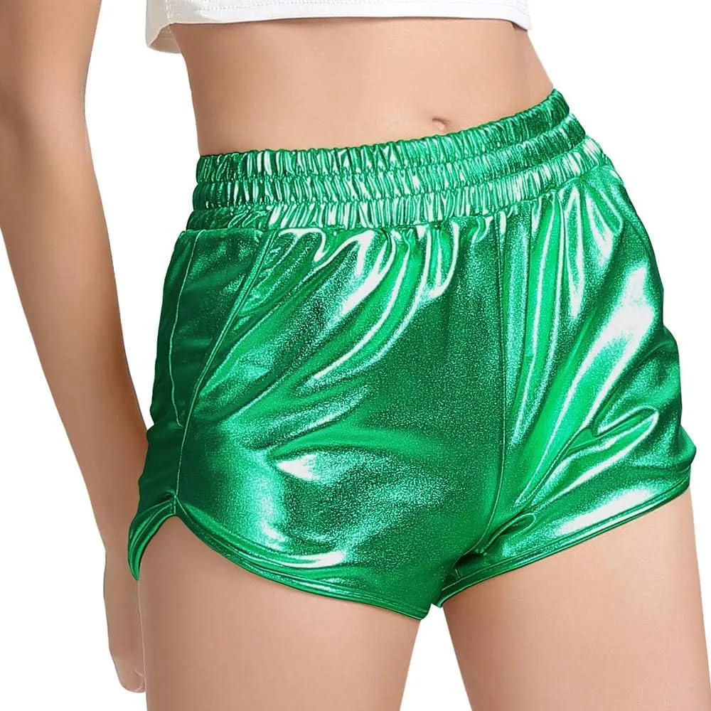 Women's Yoga Hot Shorts Elastic Waist Shiny Metallic Short Pants