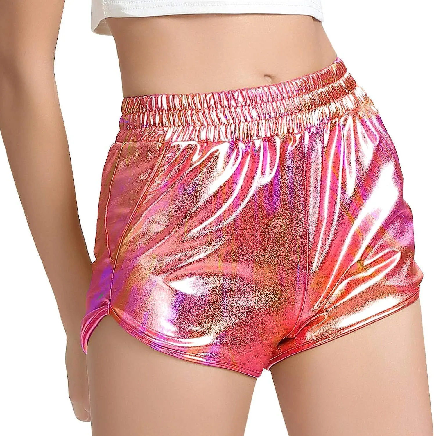 Women's Yoga Hot Shorts Elastic Waist Shiny Metallic Short Pants
