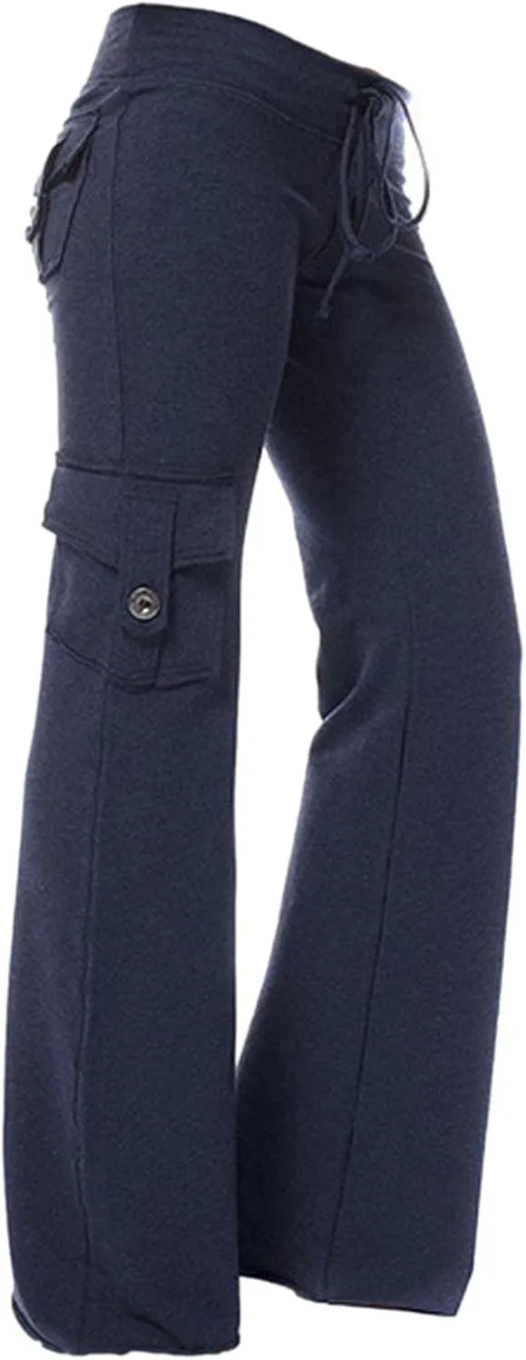 Womens Yoga Leggings Cargo Pants Stretchy High Waist Elastic Loose Trousers with Pockets Wide Leg Workout Sweatpants