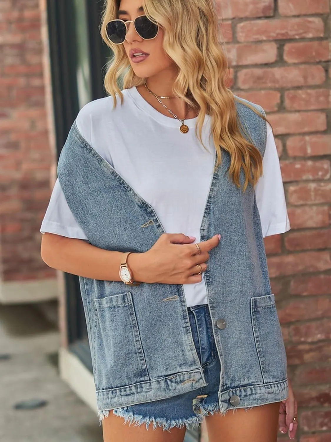 Wowcarbazole Women's Denim Vest Oversized V Neck Button Down Jean Vest Top Sleeveless Jean Waistcoat Jacket with Pockets