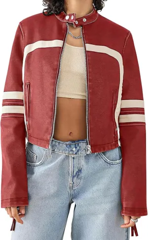 Wuitrie Womens Faux Leather Jacket Color Block Cropped Jacket Long Sleeve Zipper Motorcycle Jacket Vintage Coat Streetwear