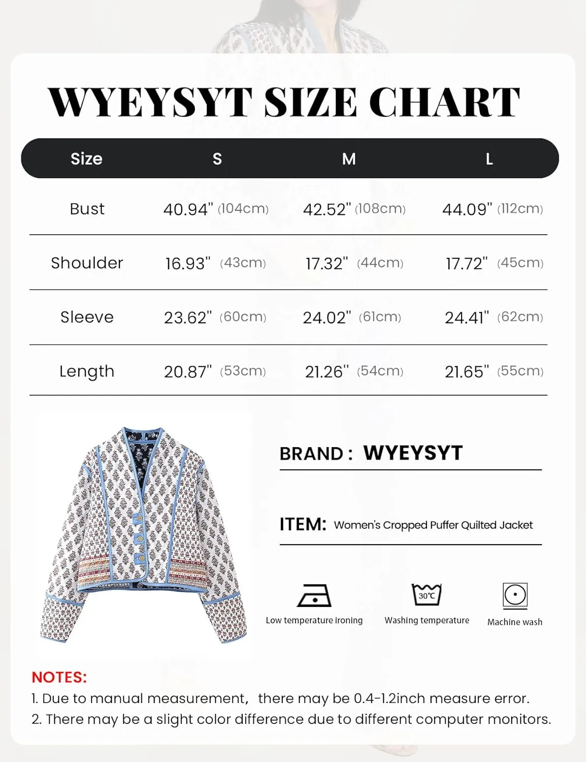 Wyeysyt Women's Cropped Quilted Puffer Jacket Cardigan Floral Printed Button Up Long Sleeve Padded Quilted Short Puffer Coats