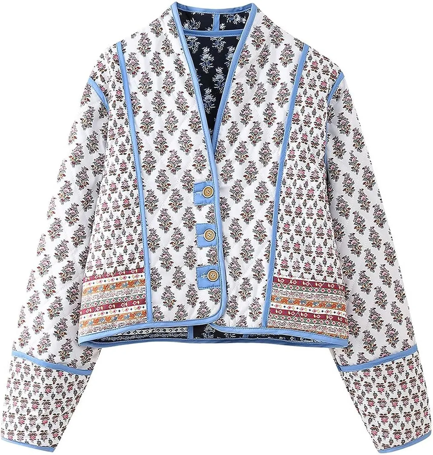 Wyeysyt Women's Cropped Quilted Puffer Jacket Cardigan Floral Printed Button Up Long Sleeve Padded Quilted Short Puffer Coats