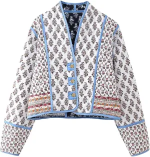 Wyeysyt Women's Cropped Quilted Puffer Jacket Cardigan Floral Printed Button Up Long Sleeve Padded Quilted Short Puffer Coats