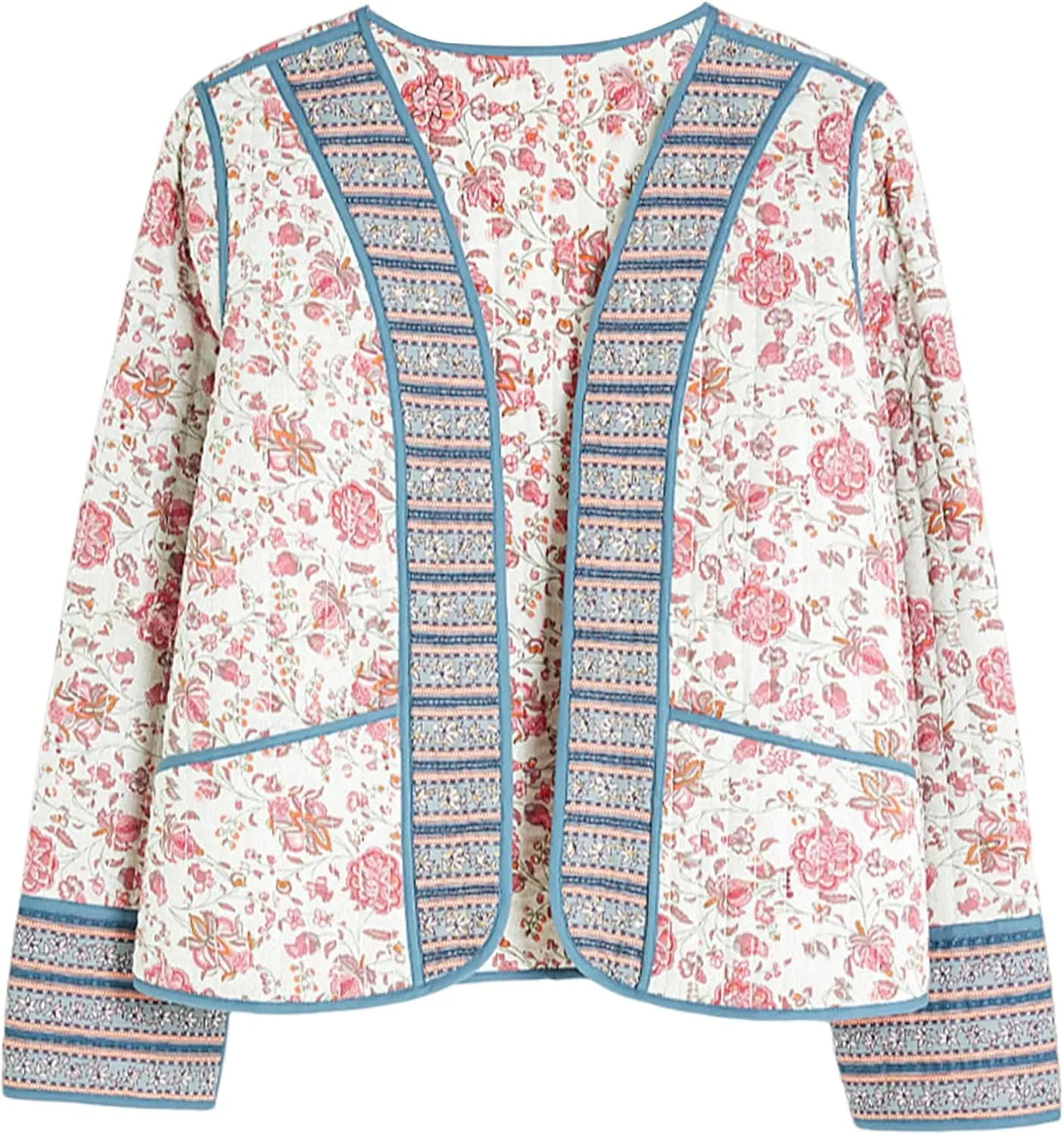 Wyeysyt Women's Cropped Quilted Puffer Jacket Cardigan Floral Printed Button Up Long Sleeve Padded Quilted Short Puffer Coats