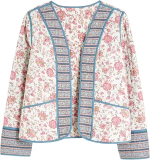 Wyeysyt Women's Cropped Quilted Puffer Jacket Cardigan Floral Printed Button Up Long Sleeve Padded Quilted Short Puffer Coats