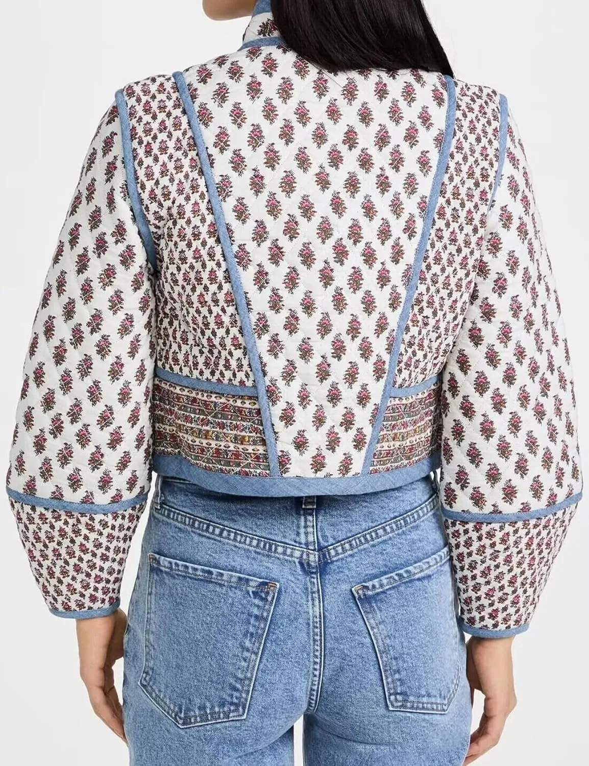 Wyeysyt Women's Cropped Quilted Puffer Jacket Cardigan Floral Printed Button Up Long Sleeve Padded Quilted Short Puffer Coats