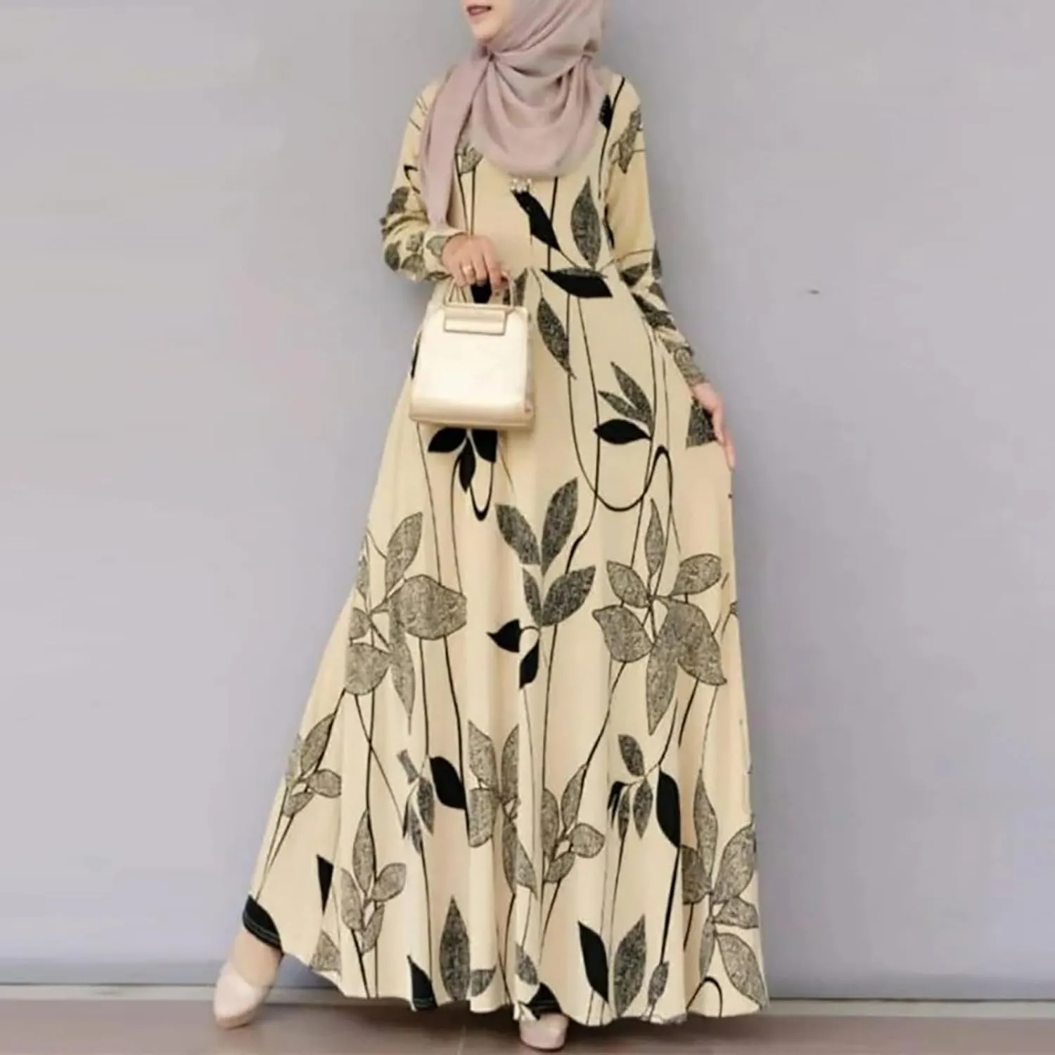 XOWRTE Women's Spring/Summer Eid Al Fitr Muslim Flower Printed Long Sleeve Big Swing Robe Sun Dress Soft Scarfs