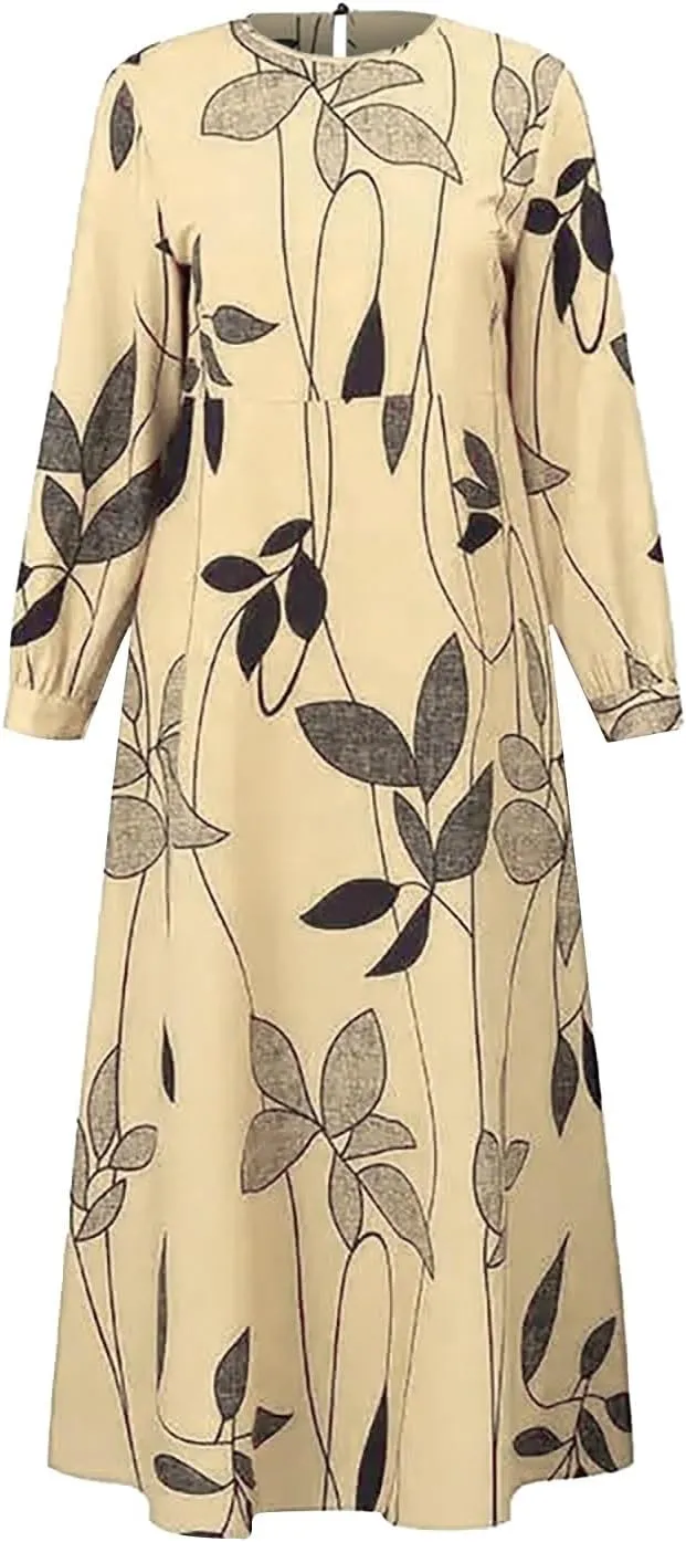 XOWRTE Women's Spring/Summer Eid Al Fitr Muslim Flower Printed Long Sleeve Big Swing Robe Sun Dress Soft Scarfs