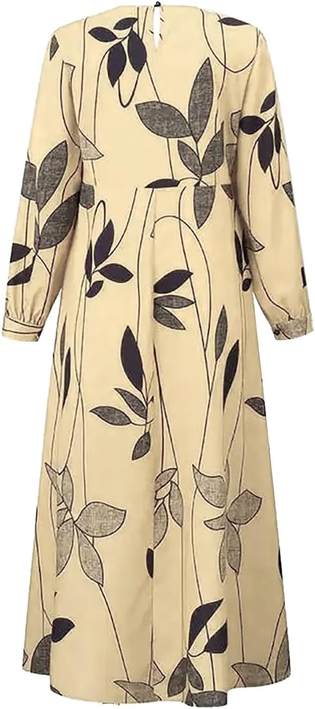 XOWRTE Women's Spring/Summer Eid Al Fitr Muslim Flower Printed Long Sleeve Big Swing Robe Sun Dress Soft Scarfs