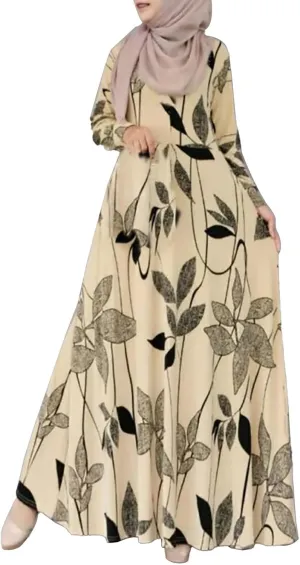 XOWRTE Women's Spring/Summer Eid Al Fitr Muslim Flower Printed Long Sleeve Big Swing Robe Sun Dress Soft Scarfs
