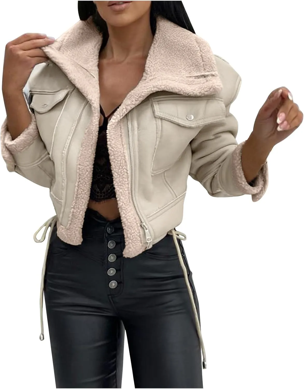 XUNRYAN Womens Faux Shearling Sherpa Faux-Leather Jackets Thick Fleece Lined Lapel Zipper Bomber Aviator Coat Winter Clothes