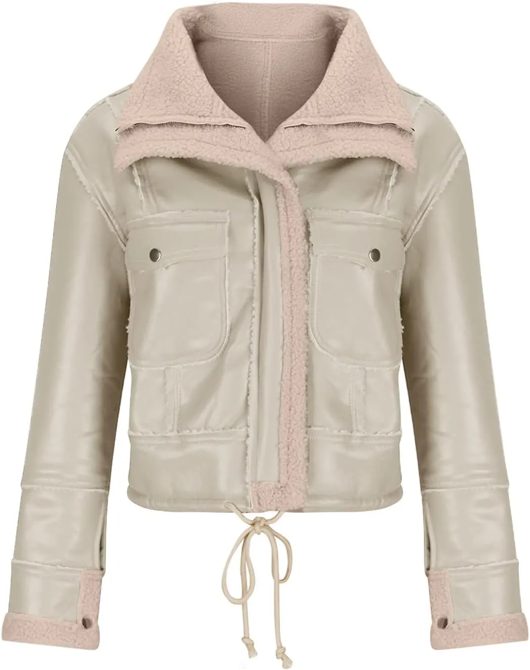XUNRYAN Womens Faux Shearling Sherpa Faux-Leather Jackets Thick Fleece Lined Lapel Zipper Bomber Aviator Coat Winter Clothes