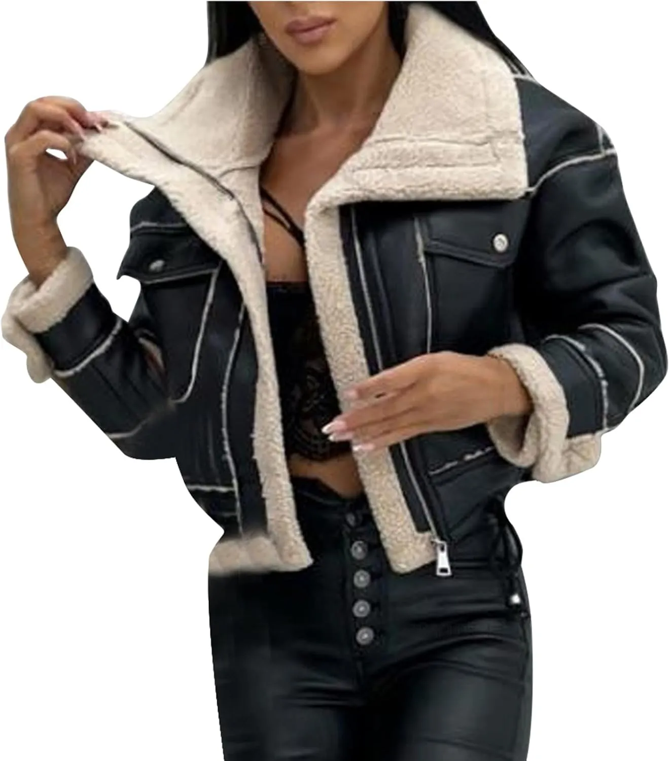 XUNRYAN Womens Faux Shearling Sherpa Faux-Leather Jackets Thick Fleece Lined Lapel Zipper Bomber Aviator Coat Winter Clothes