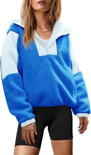 Yanekop Womens Fuzzy Fleece Hoodie Sherpa Sweatshirt Quarter Zip Pullover Long Sleeve Outerwear with Pockets