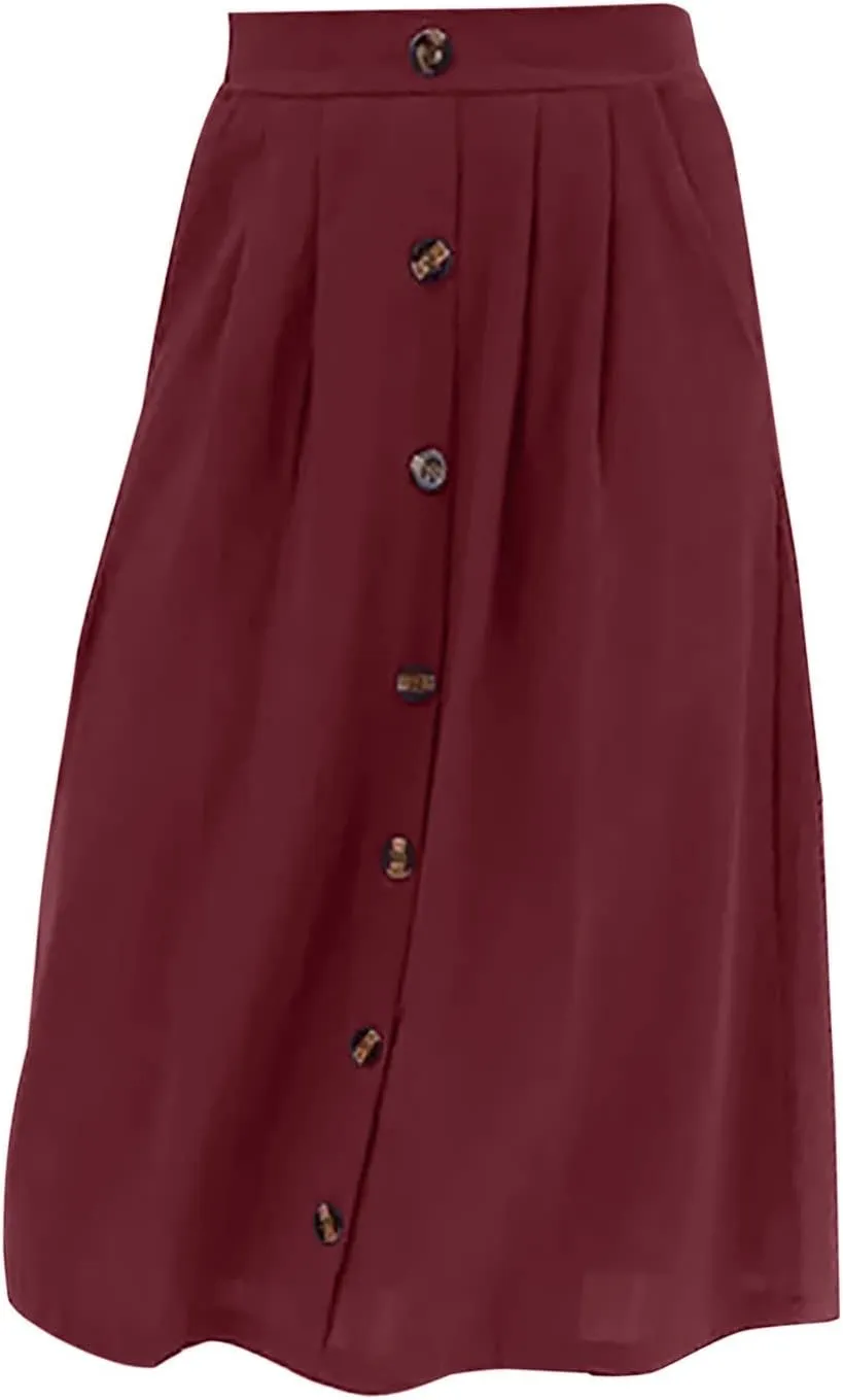 YOLAI Women A-Line Pleated Skirt Loose Button Down Business Work Skirt Flowy Swing High Waist Midi Skirt