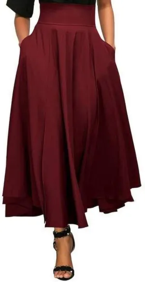 YOLAI Women's Casual Button Down Pleated Skirt Solid Color Maxi Skirt A Line High Waist Skirt with Pocket