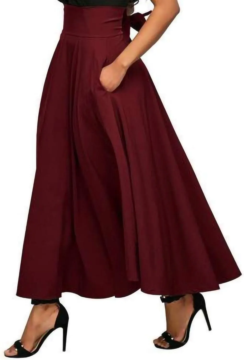 YOLAI Women's Casual Button Down Pleated Skirt Solid Color Maxi Skirt A Line High Waist Skirt with Pocket